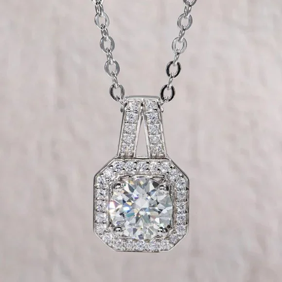 Certified 2ct. t.w. Moissanite Diamond Square Halo Pendant Necklace NEW - Picture 1 of 15